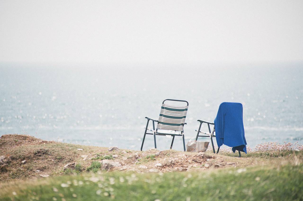 ocean, chairs, view, sky, clouds, landscape, grass, picnic, towel, shore, travel, trip, adventure, relax
, 