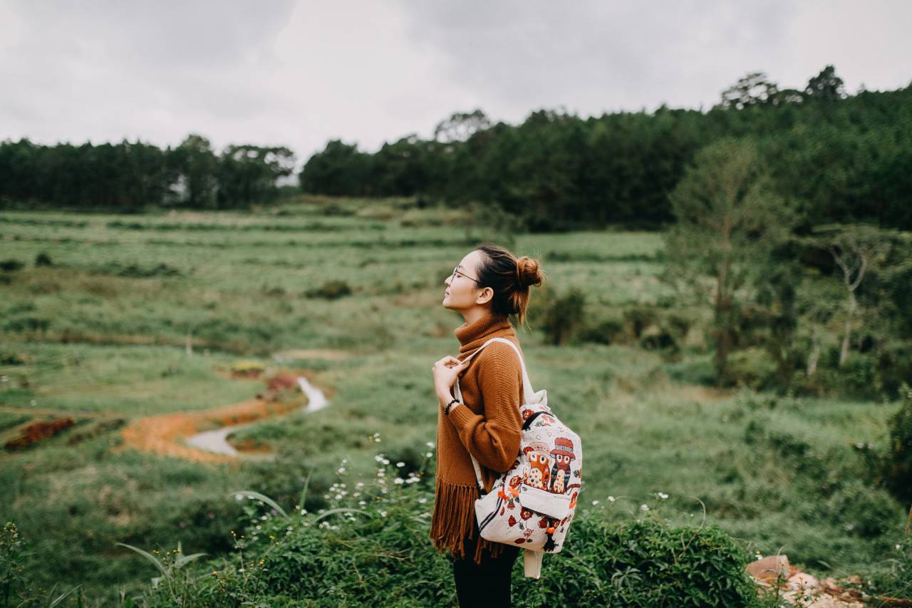 gente, niña, viaje, dalat, retrato, mujer, viaje, al aire libre, camping, naturaleza, bosque, gira, joven, hembra, turismo, viaje, campo, mochila, césped,