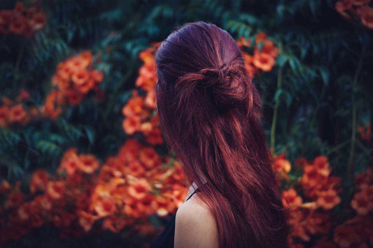 people, lady, woman, plants, flower, nature, leaves, petals, hair, back, shoulder, bokeh, blur, outdoor
, 