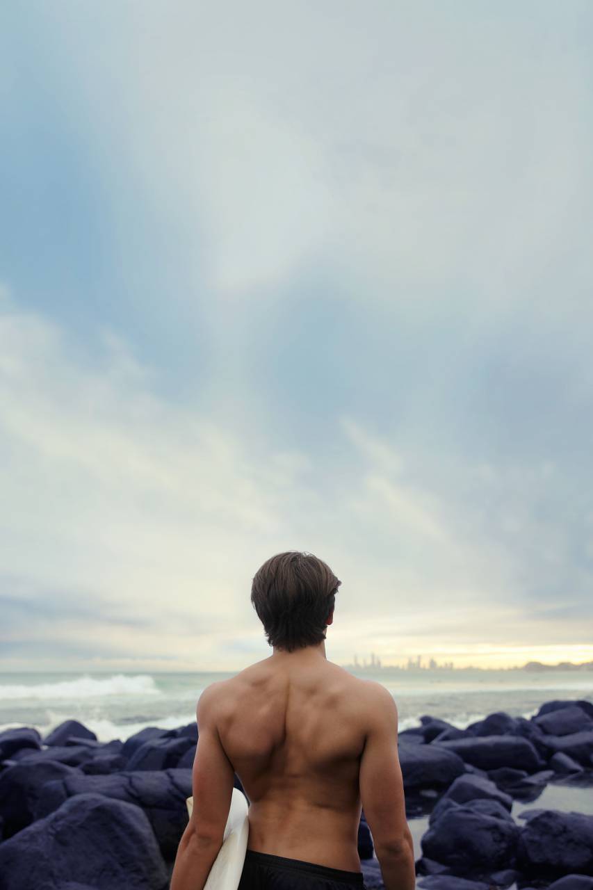 people, man, hunk, muscular, surf, waves, clouds, sky, beach, ocean, sea, rocks
, 