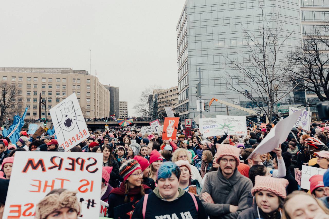 people, man, woman, protest, rally, equality, trump, feminist, empowerment, unite, urban, city, establishment, building, trees
, 