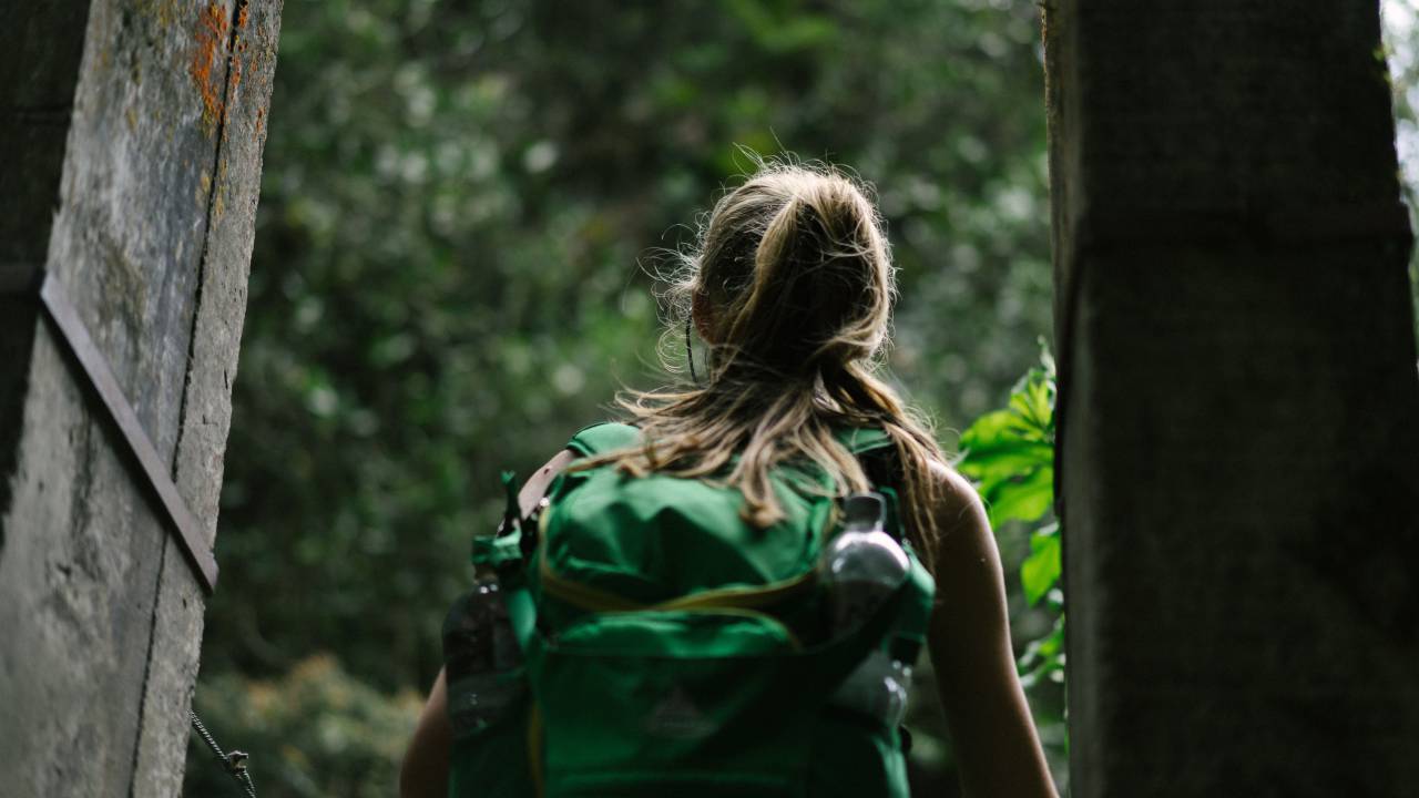 Gente, mujer, mochila, viajes, aventuras, madera, verde, hojas, árboles, caminata, escalada,