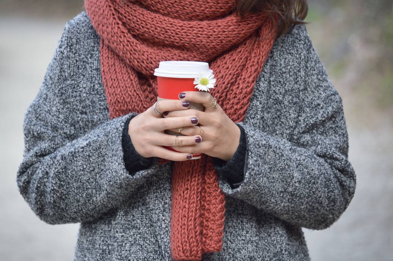 people, woman, coffee, cold, weather, sweater, scarf, hands, flower, white, autumn, fall, manicure, accessories, ring
, 