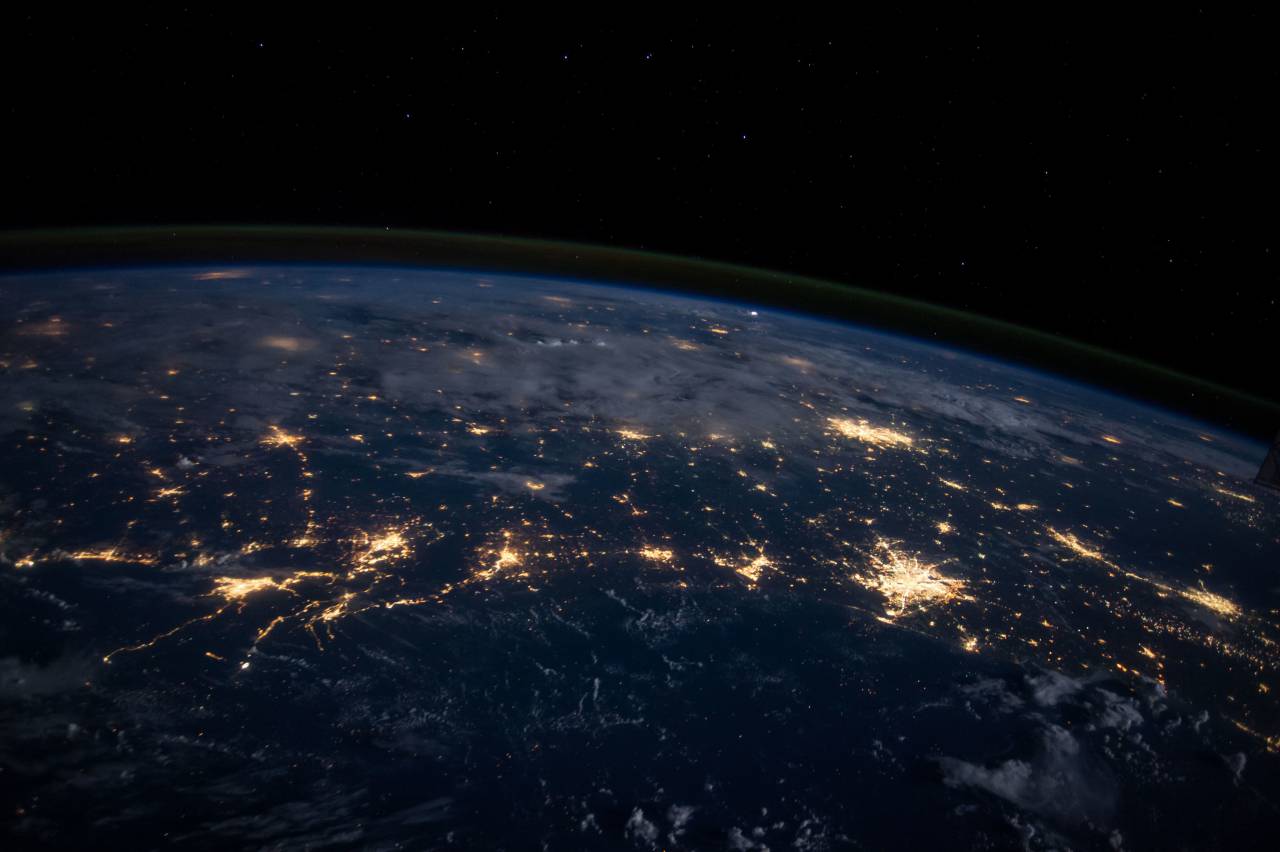planeta, tierra, luces, espacio, galaxia, aéreo, vista,