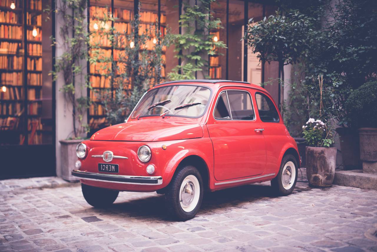 red, car, auto, vehicle, travel, outside, outdoor, park, house, green, plant, nature
, 