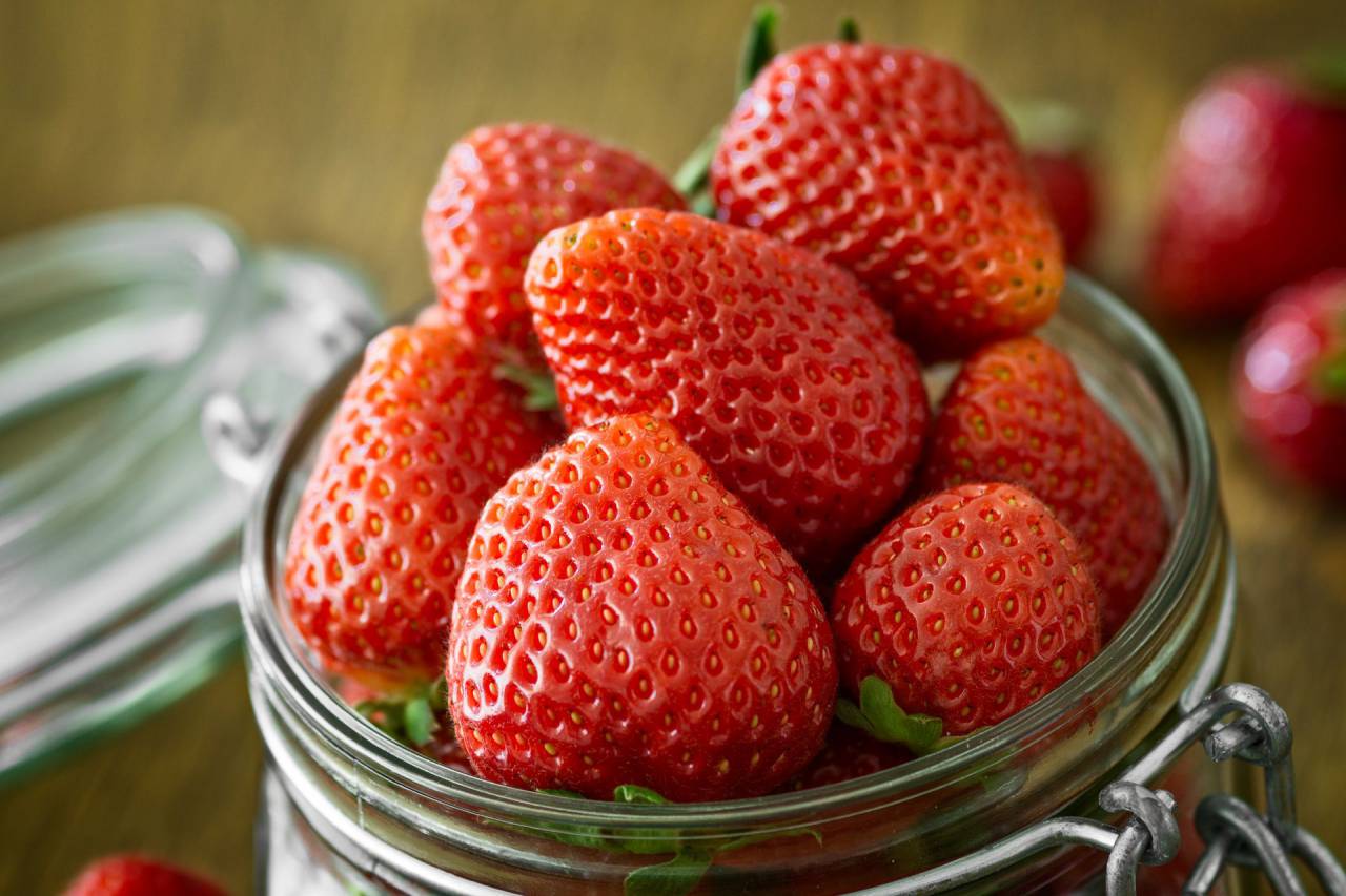 Rojo, fruta, fresa, vidrio, jar, postres, alimentos frescos, salud
