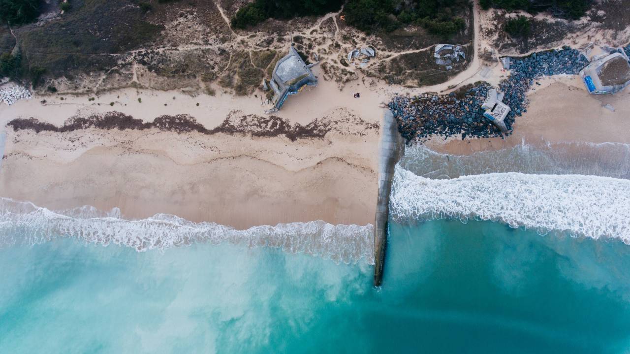 Mar, océano, azul, agua, naturaleza, blanco, arena, playa, puente, antena, vista, ola,