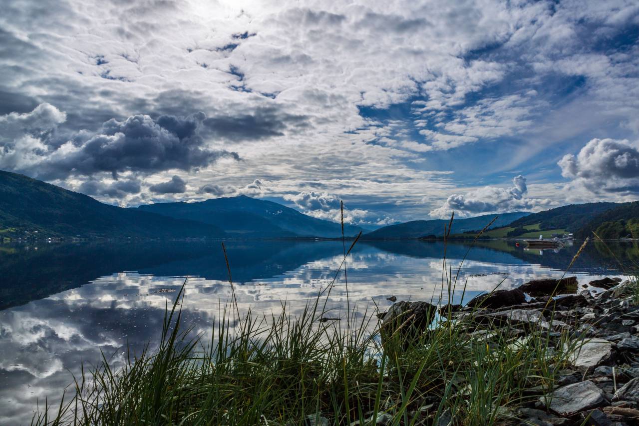 sky, clouds, mountain, lake, valley, plants, grass, trees, forest, reflection, water, liquid, boat, travel, floating, fishing, house, rural
, 