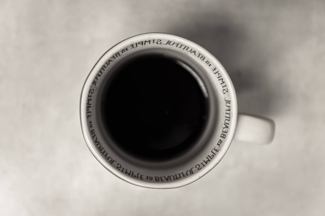 still, items, things, drink, beverage, cup, coffee, aerial, top, view, quotes, excerpts, simple is beautiful, white, black
, 
