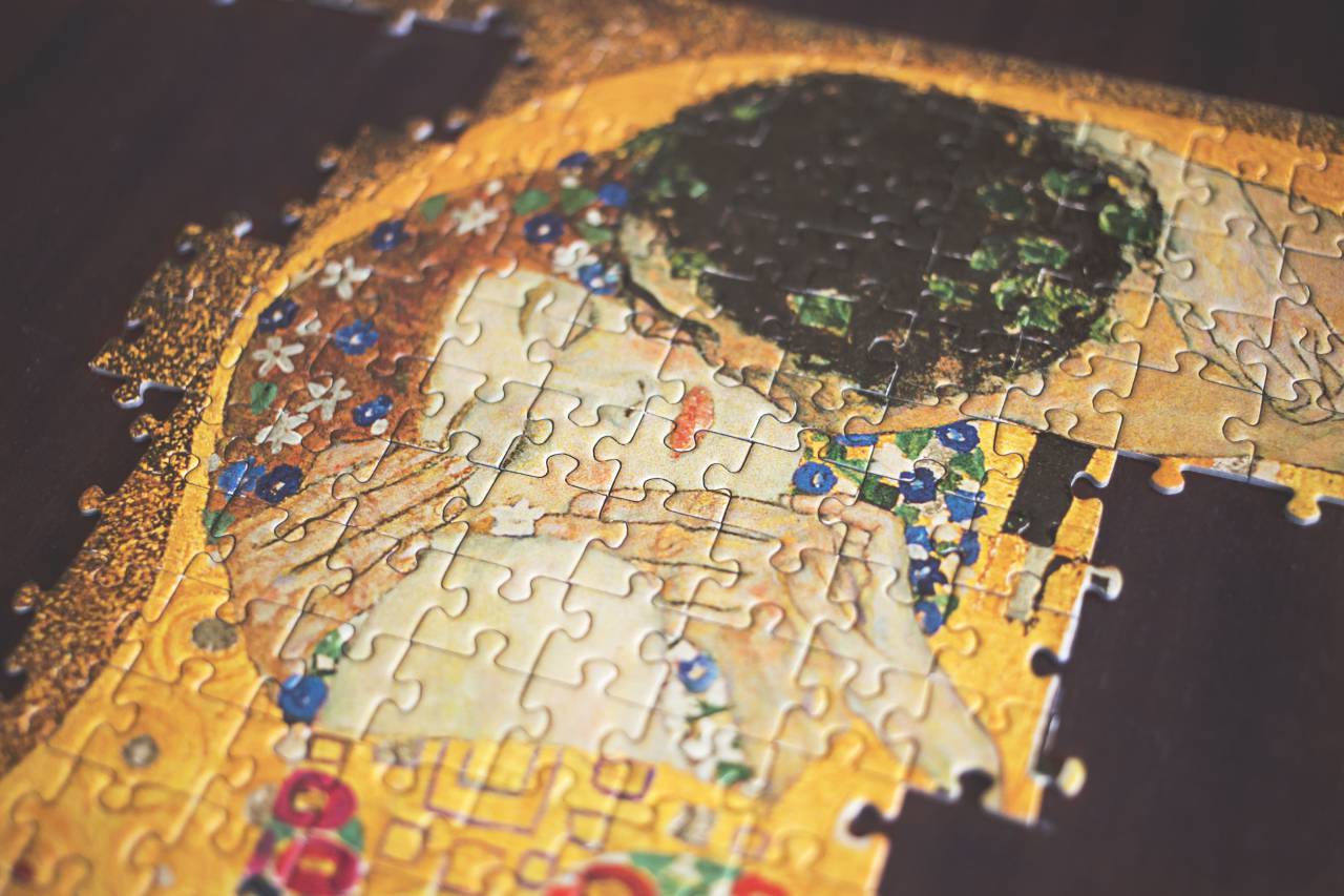 Todavía, artículos, cosas, rompecabezas, pintura, fina, arte, Gustav, Klimt, el beso, bokeh,
