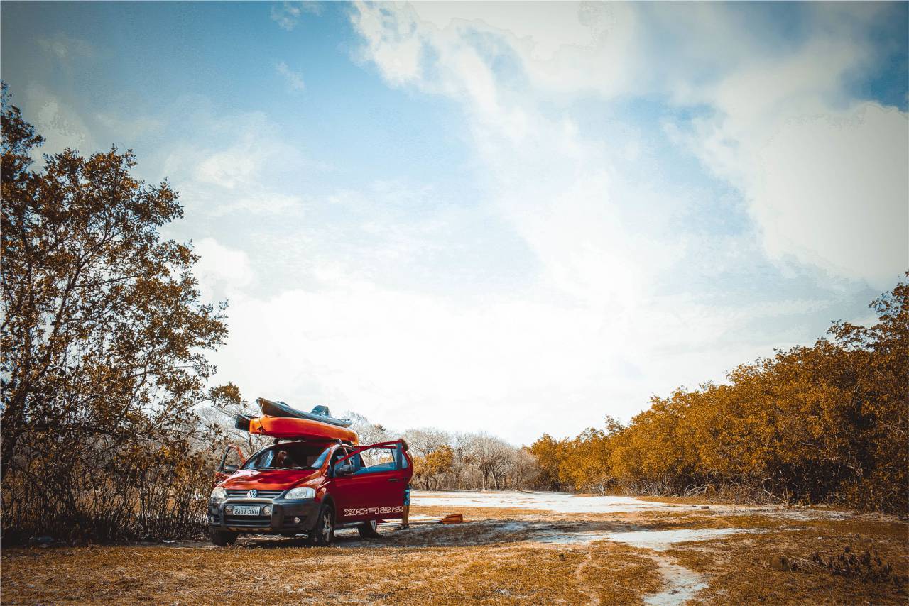 vw, suv, countryside, rural, grass, snow, trees, sky, canoe, boat, Volkswagen
, 