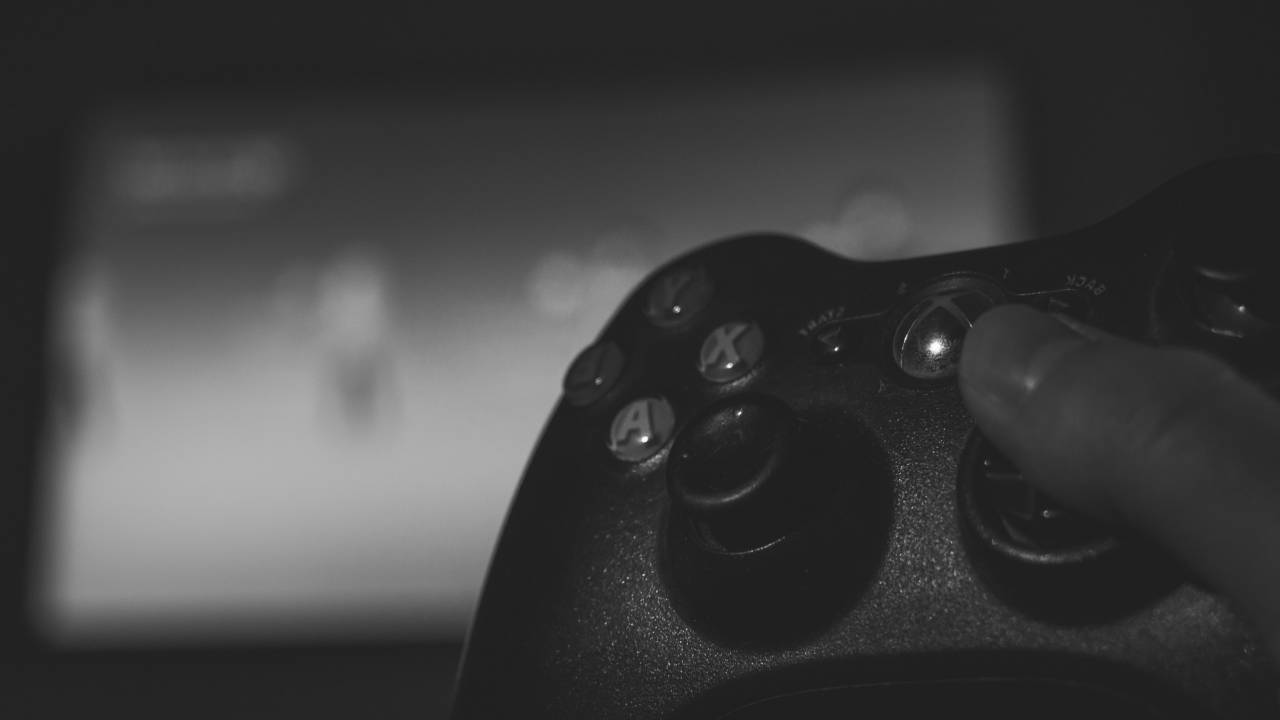 Xbox, controlador, juego, vintage, consola, microsoft, dedo, monitor,