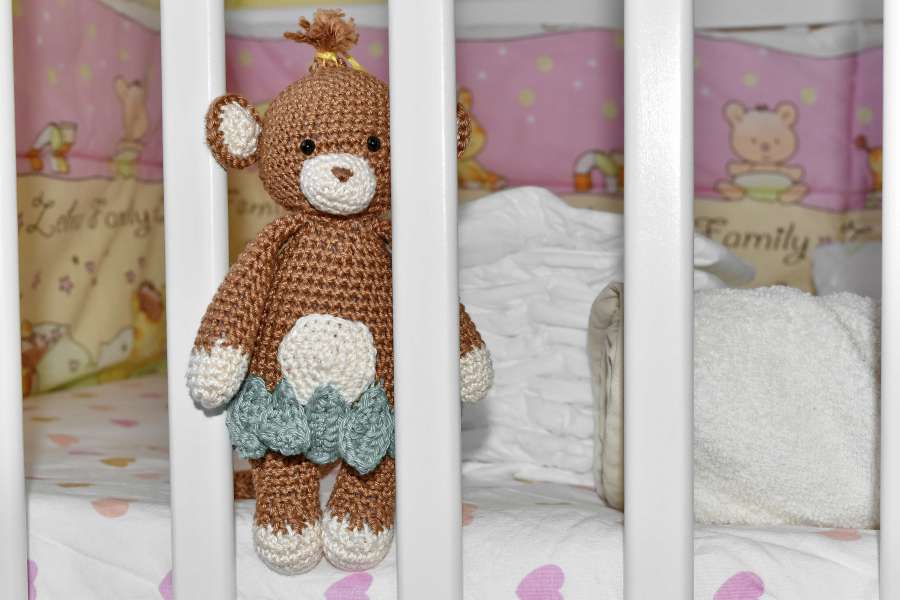 baby, bed, bedroom, diaper, teddy bear toy 