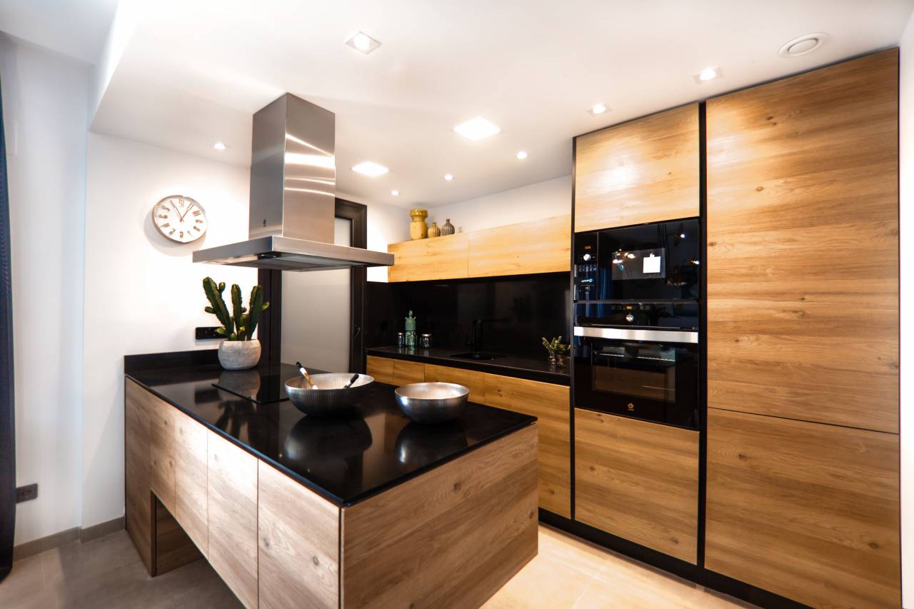 house, interior, architecture, modern, kitchen, design, room, home, furniture, sink, decor, apartment, luxury, wall, clean, white, counter, floor, contemporary, indoor, nobody, window, cabinet, domestic, oven, decoration, new, style, light, 3d, wood, appliance, residential, black, estate, lifestyle, bright, comfortable, table, stove, hardwood, chair, island, living, wooden, inside, cabinets, 3d rendering, residence, bar, 