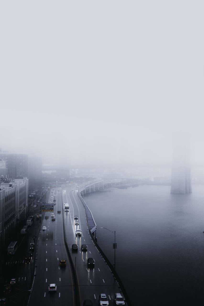 aerial, city, road, traffic, cars, transportation, travel, driving, busy, urban, rain, fog, climate, weather, headlights
, 