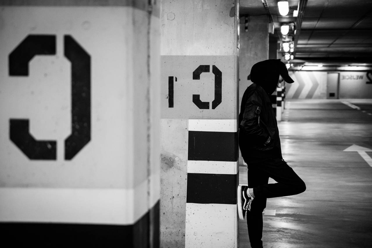 architecture, building, concrete, structure, black and white, people, standing, alone, sad, man, guy, basement
, 