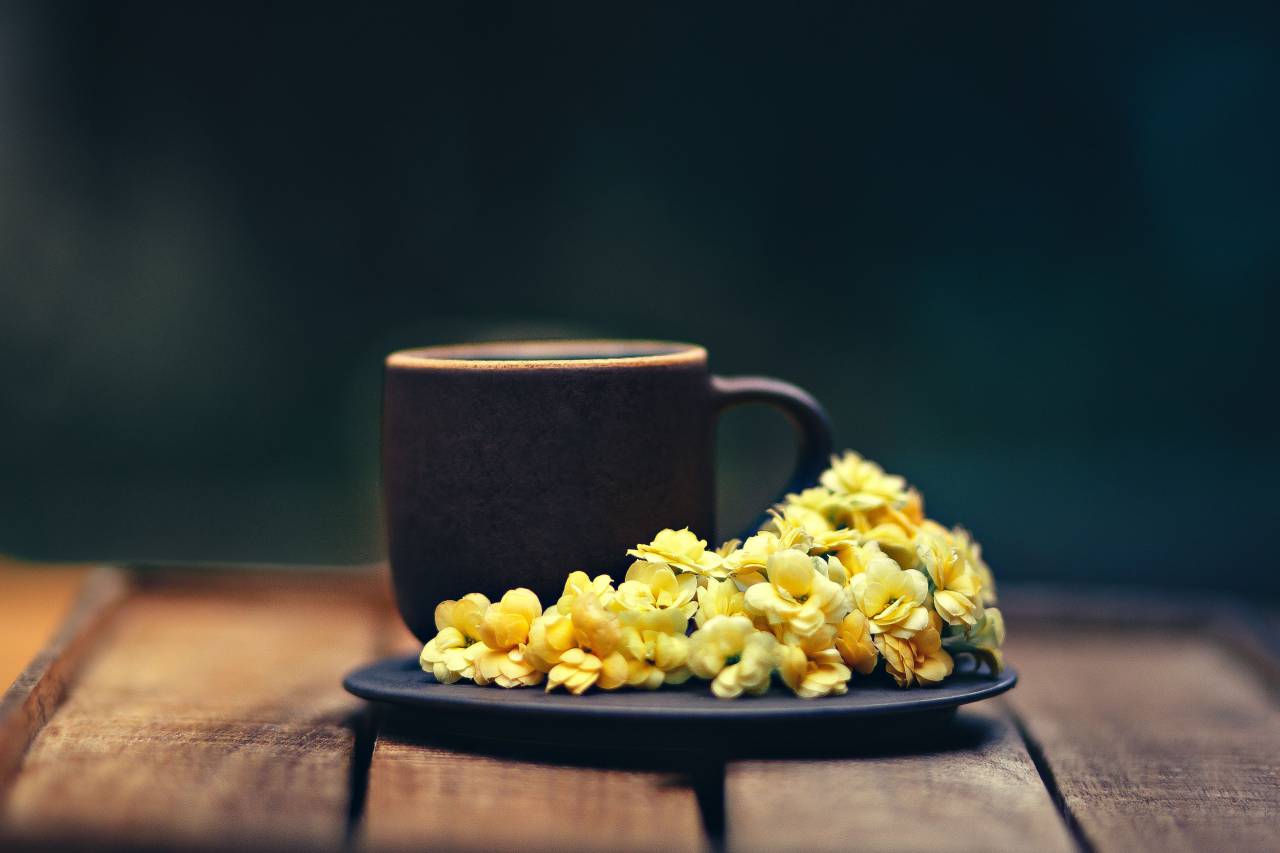 coffee, plate, flowers, yellow, wood, table, outdoors, black
, 