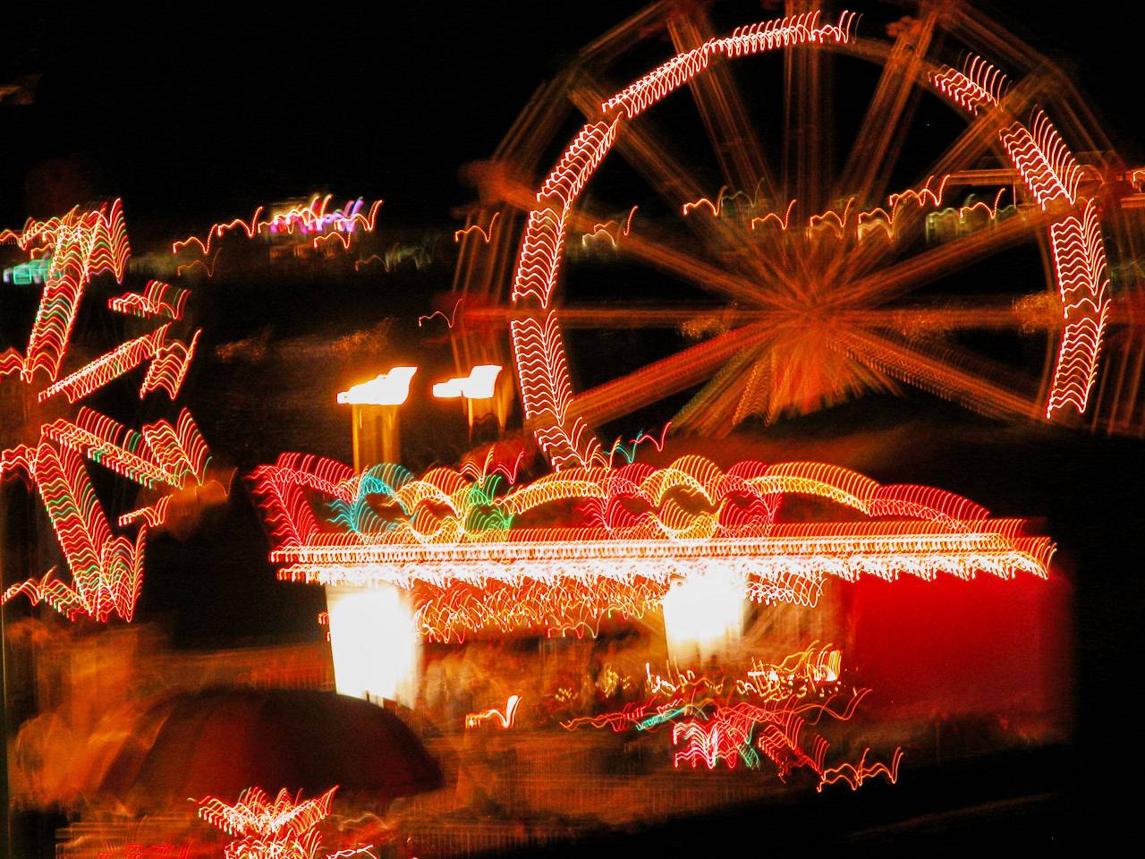 fair, amusement, park, fairground, night, carnival, ride, blur, abstract, fun, background, colorful, lights, trails
, 