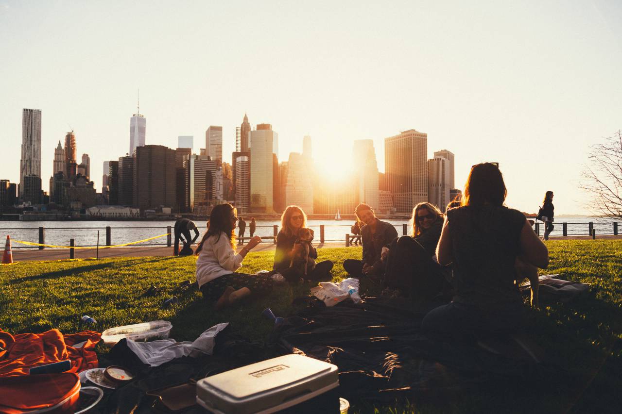 girls, women, people, friends, students, smile, smiling, happy, fun, picnic, grass, outdoors, sunset, skyline, buildings, architecture, city, New York, sky, group
, 