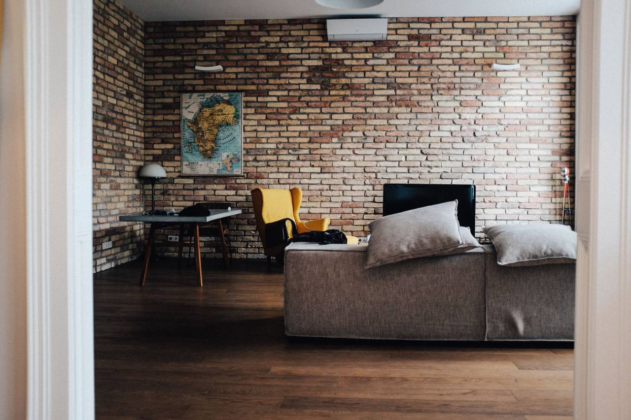 casa, interioridad, sofá, sofá, salón, sala, ladrillo, pared,