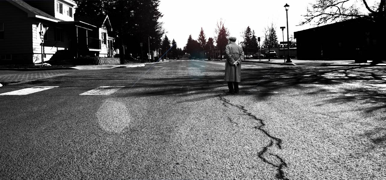 gente, grieta, hombre, la carretera, monocromos,