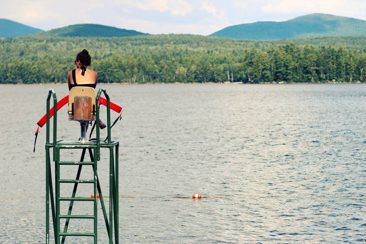 sea, ocean, water, trees, plant, green, forest, mountain, view, landscape, nature, travel, cloud, sky, people, woman, sitting, back, steel, ladder
, 
