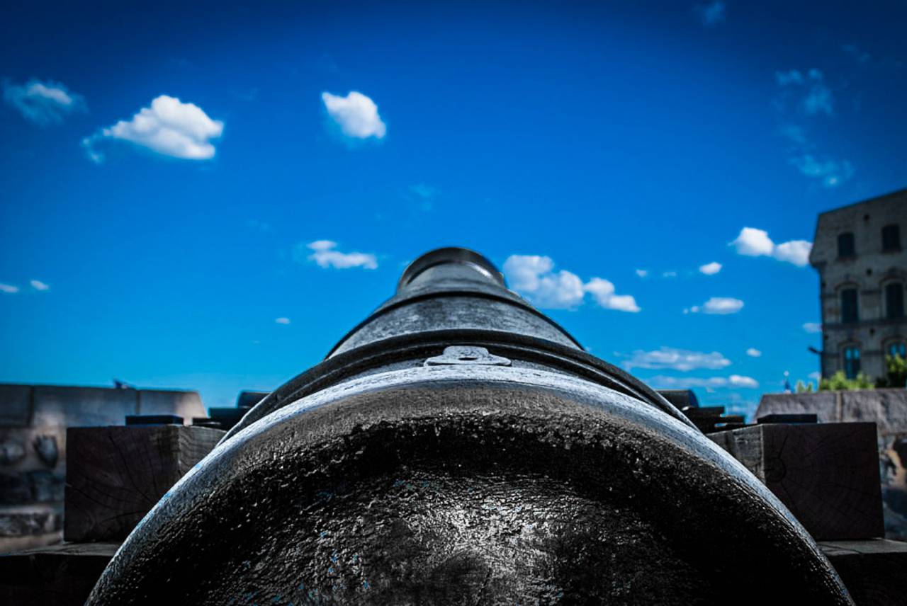 steel, old, rusty, antique, barrel, cannon, wood, wooden, building, tree, sky, clouds
, 