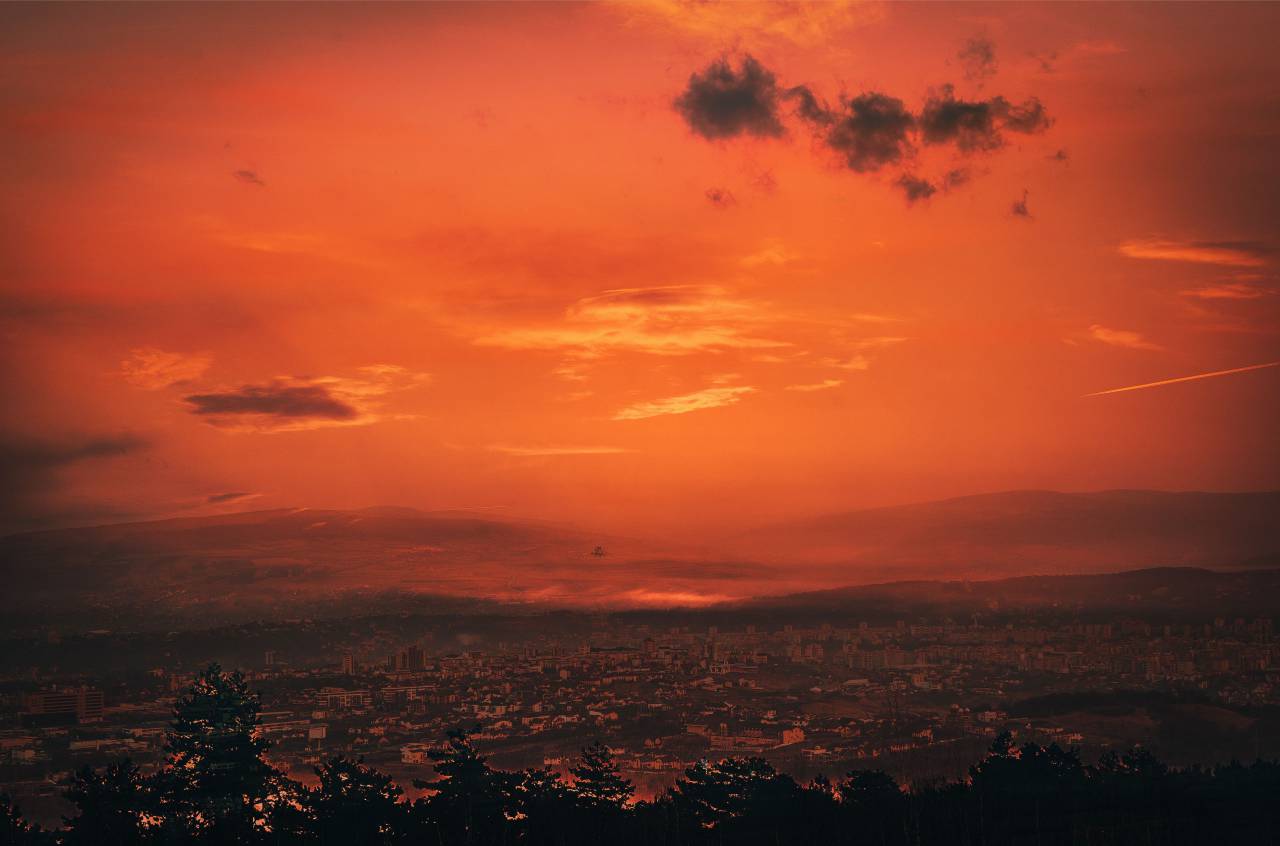 puesta de sol, vista, nubes, cielo, árboles, paisaje,