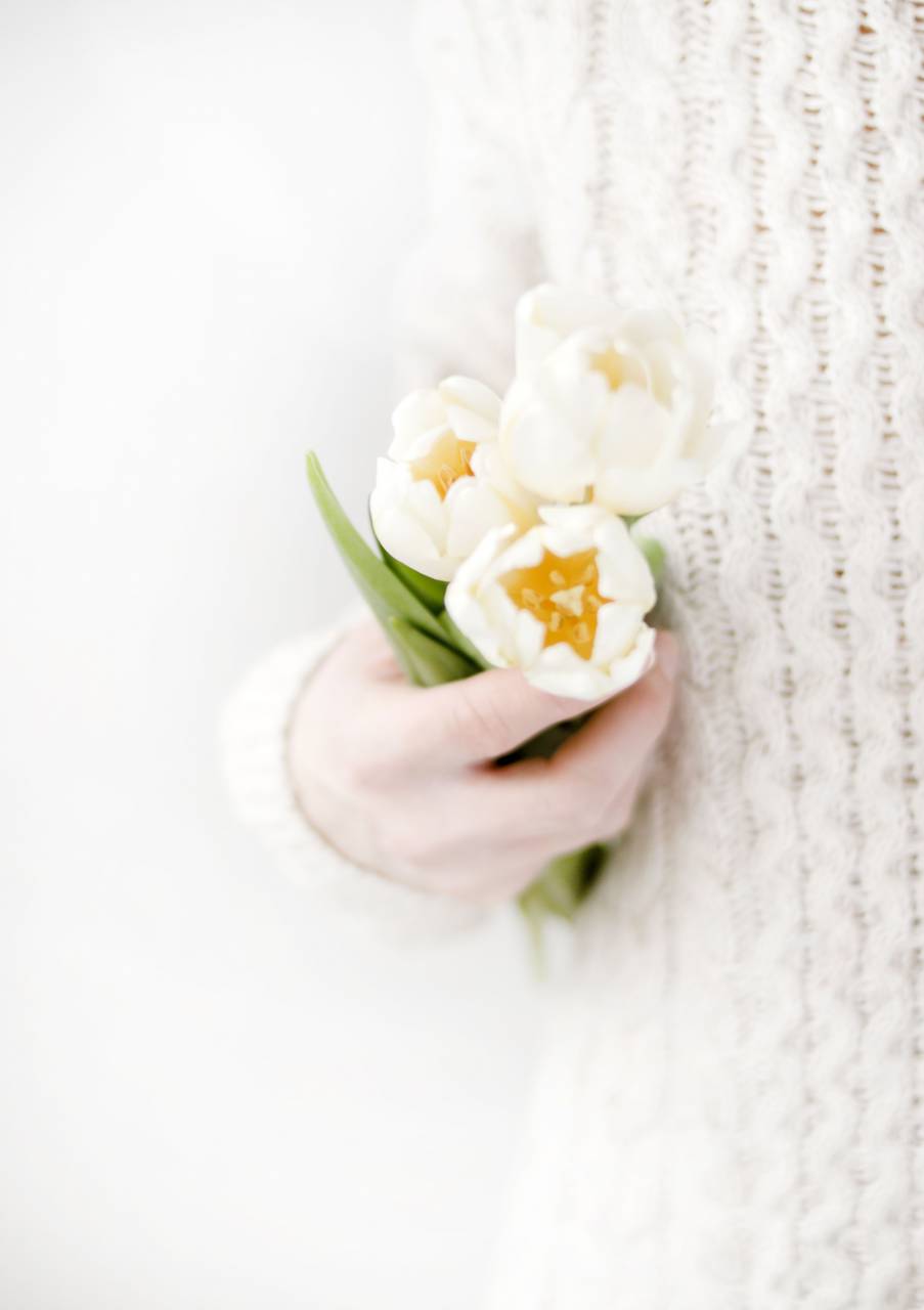 woman, holding, white flowers, nature, fauna, people, female, girl, yellow, hand, hold, close up
, 