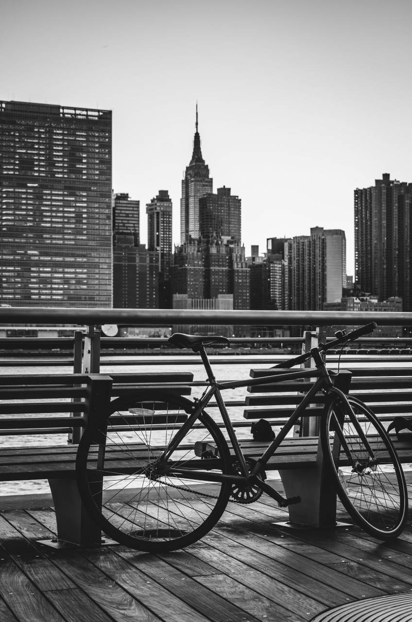 architecture, buildings, infrastructure, sky, skyscraper, tower, city, urban, skyline, sea, ocean, seashore, bench, bike, park, black and white
, 