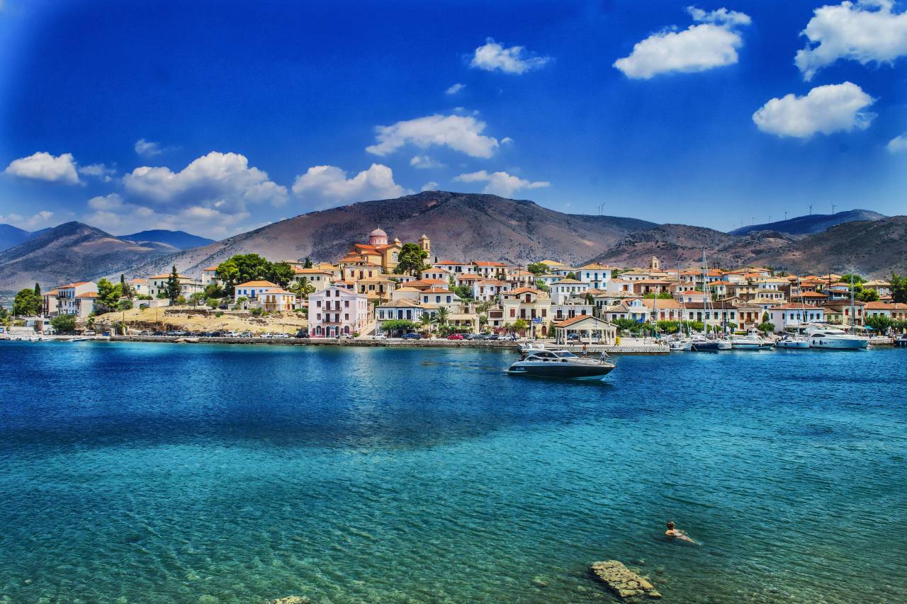 architecture, buildings, infrastructures, blue, sky, clouds, sea, ocean, water, transportation, travel, outdoors, city, villages, houses, mountain, hill, valley, landscape, view
, 