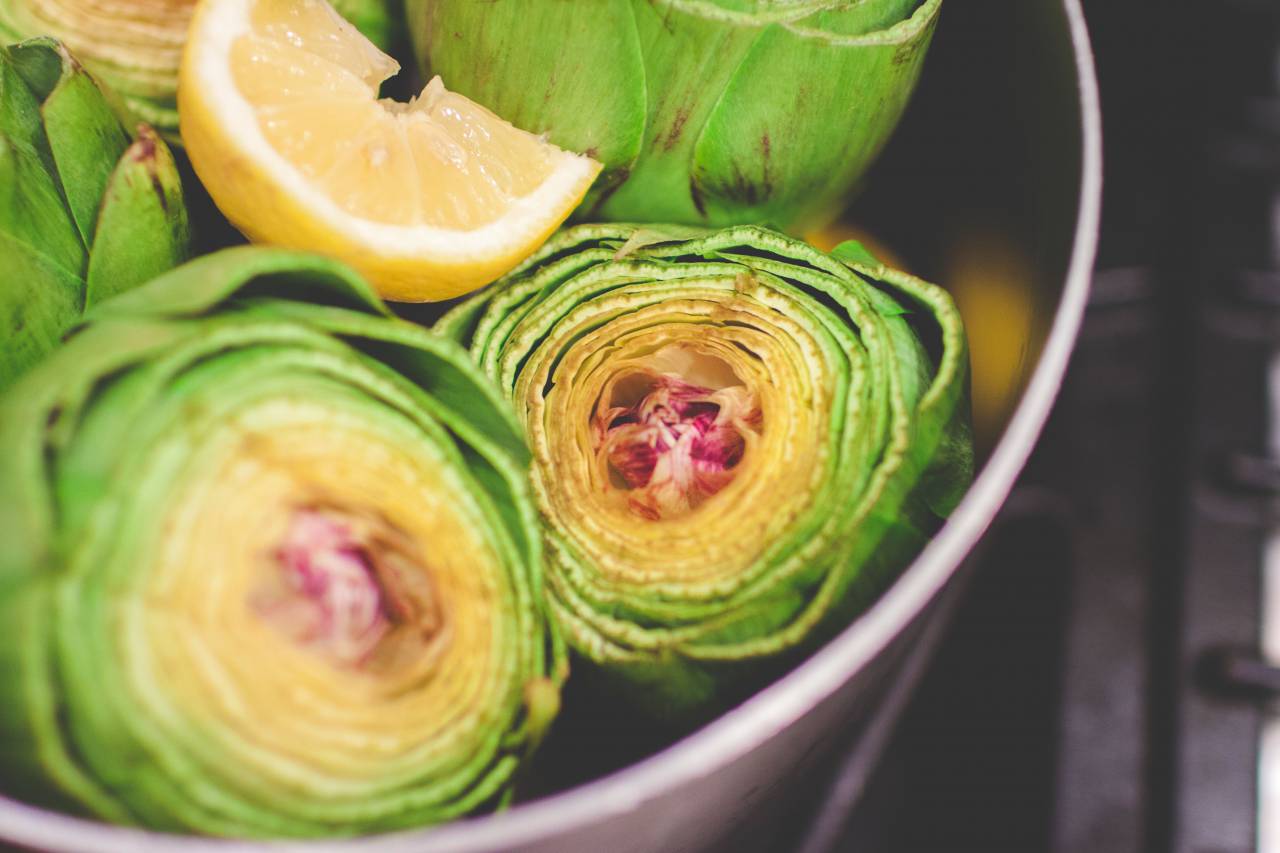 alcachofa, planta, comida, verde, limón, fruta, jugoso, difuminar,