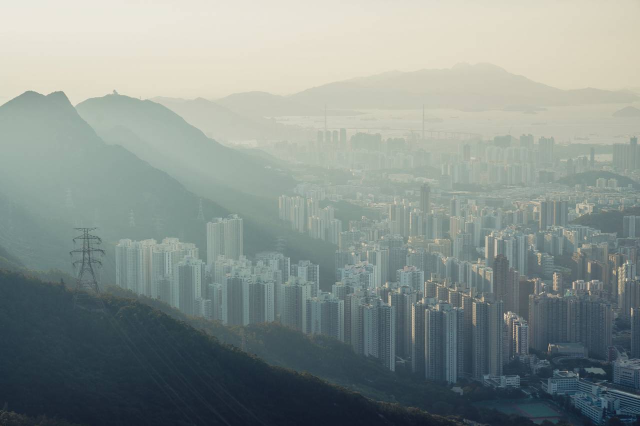 Ciudad, Hong Kong, edificios, ocupado, centro de la ciudad, paisaje, aéreo, escénico, vista, smog, rascacielos, montañas, suburbio, paisaje urbano, turismo, viajes