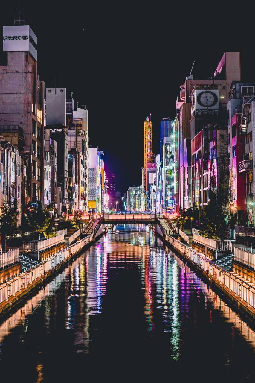 dark, night, city, lights, building, structure, tower, architecture, skyline, urban, skyscraper, bridge, water, reflection, canal
, 