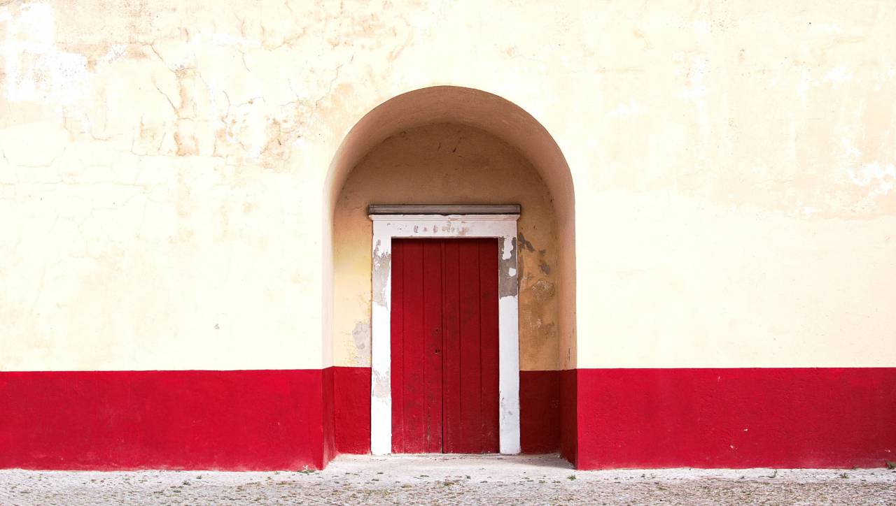 puerta, pared, rojo, amarillo, arco,