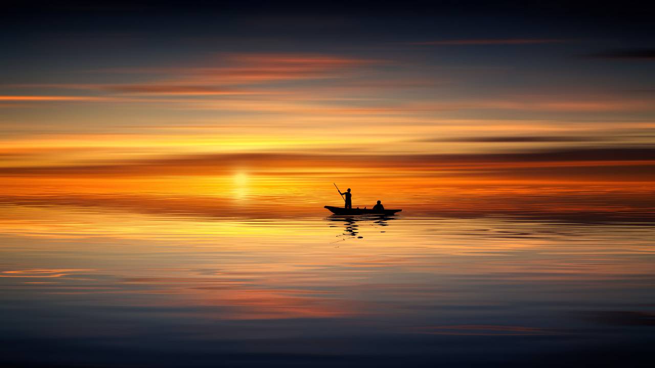 fishing, boat, sunset, bright, colors, red, yellow, orange, people, work, calm, sill, sea, cean, water
, 