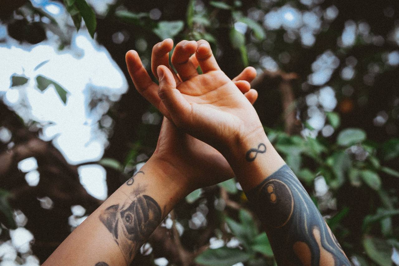 Manos, tatuaje, arte, diseño, pug, perro, infinito, árboles, hojas, verde