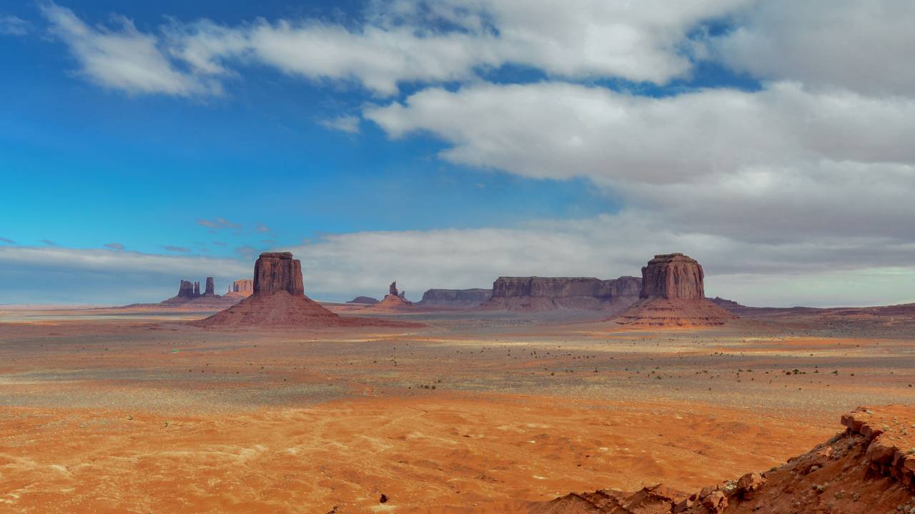 Monumento, valle, paisaje, vista, horizonte, azul, cielo, nubes, parque, desierto,