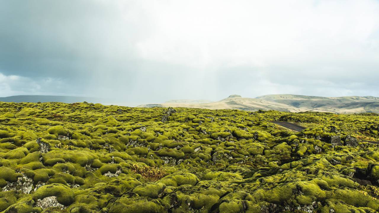 mountain, green, moss, rocks, highland, nature, sky, clouds, view, landscape, road
, 