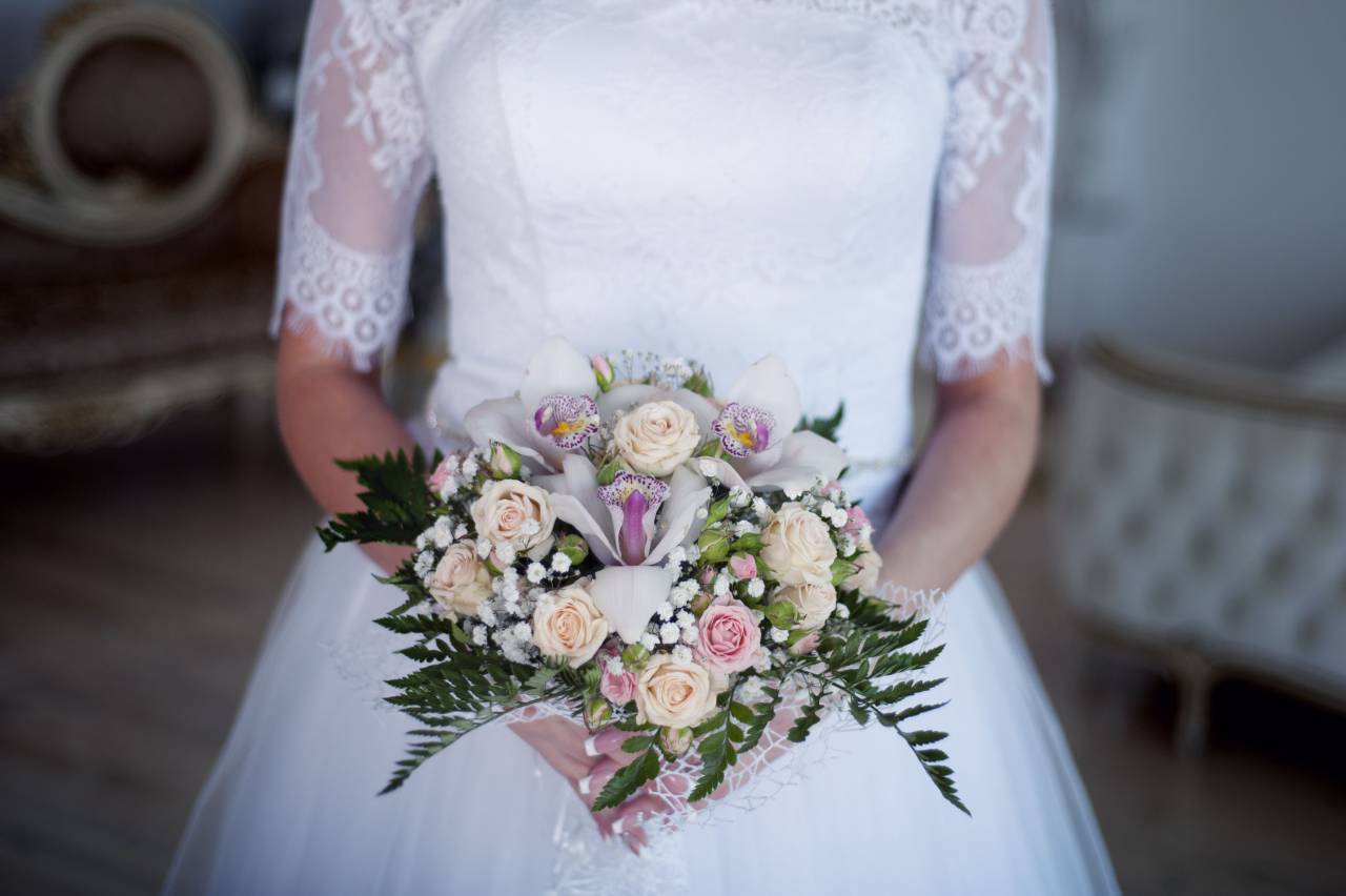 people, woman, bride, wedding, marriage, bouquet, love, intimate, dress, gown, flowers, green, leaves, rose, pink, yellow
, 