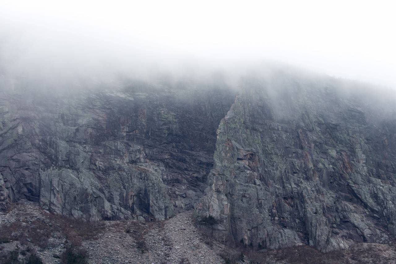 rocks, cliff, fog, mountain, landscape, terrain, climate, nature, outdoors, environment, weather, mist, clouds
, 