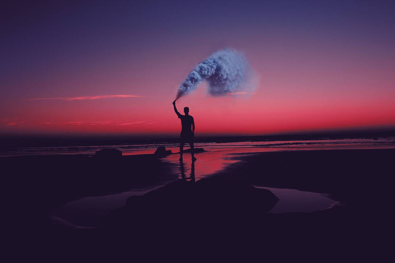 sea, ocean, water, waves, nature, sand, people, man, alone, smoke, silhouette, clouds, sky, sunset
, 