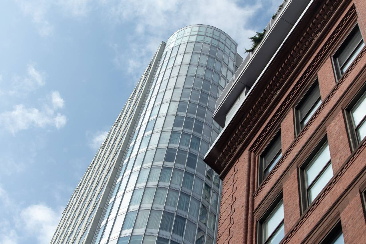 tall, building, city, downtown, windows, architecture, glass, style, exterior, office, sky, clouds, business, brick, angle
, 