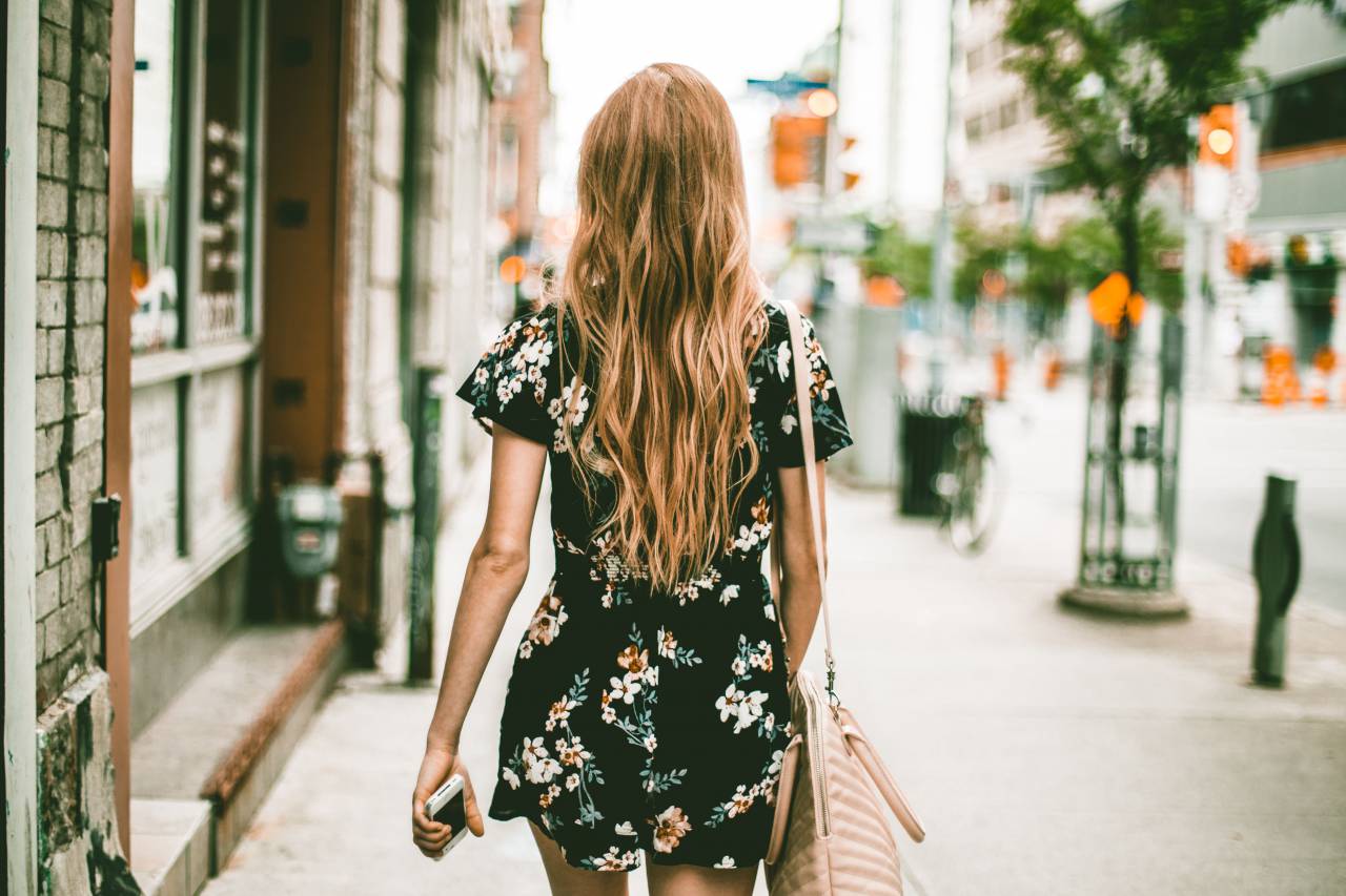 walking, city, girl, female, woman, blonde, dress, purse, travel, explore
, 