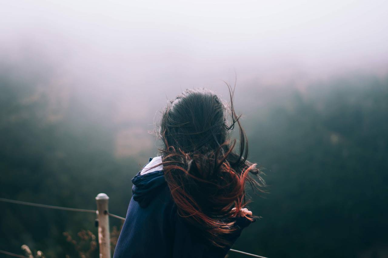 woman, girl, lady, people, back, contemplate, stand, hair, waves, sway, nature, cliff, fog, travel
, 