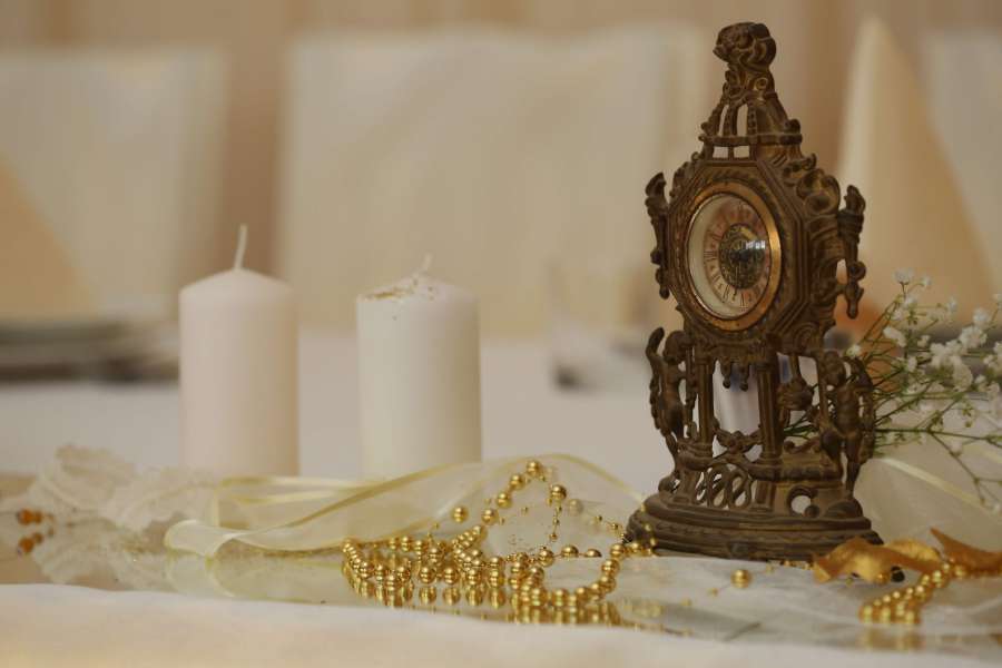 analog clock, art, candles, gold, interior 