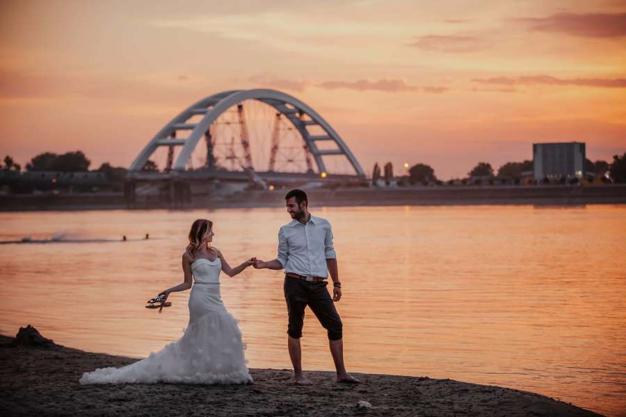 cityscape, wedding dress, harbor, sunset 
