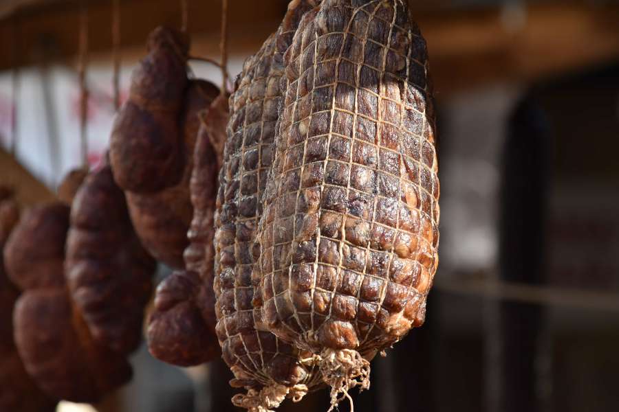 dry, hanging, homemade, meat, pork, sausage 