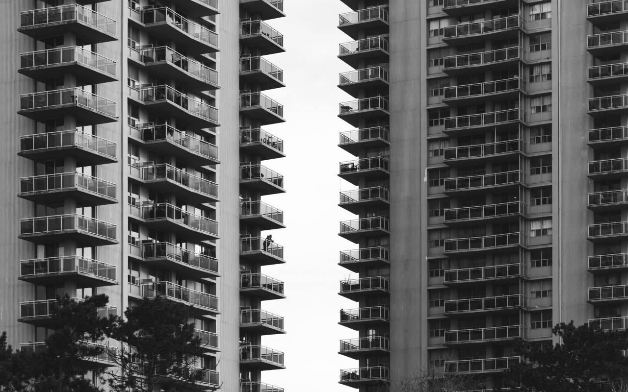 apartamento, abstracto, balcón, terrazas, monocromático, vista, apartamentos, vida, ciudad, alto, edificios, urbano, arquitectura, moderno, estructura, ventanas, monótono,