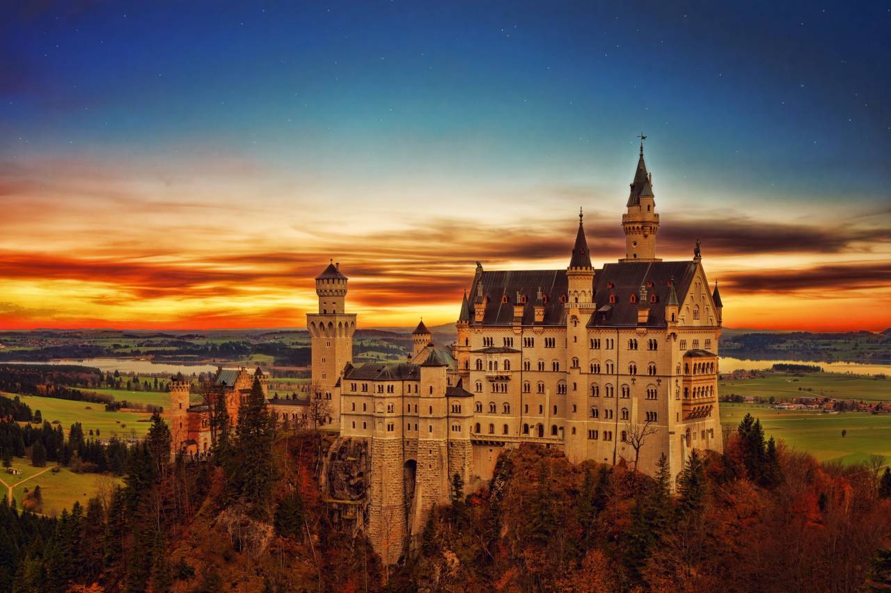 architecture, building, infrastructure, castle, blue, sky, cloud, sunset, trees, plant, view, nature, autumn, fall, field
, 